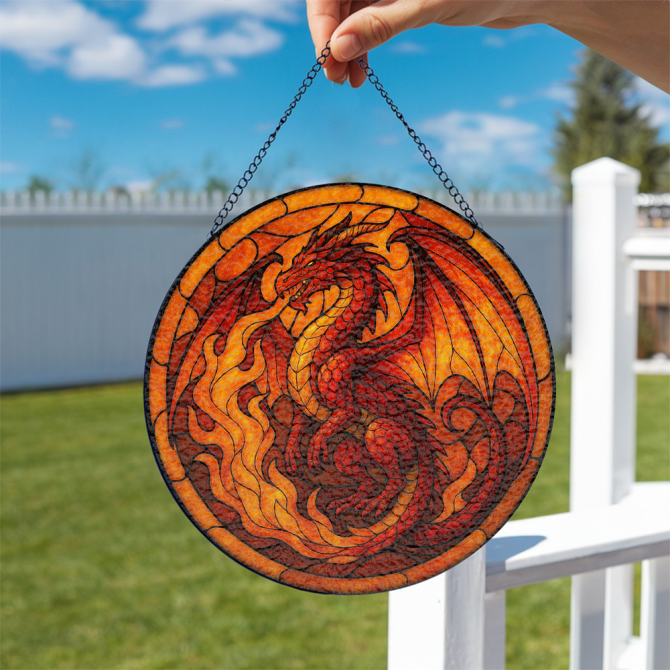 Fiery Dragon Stained Glass Window Hanging - Handcrafted Decorative Art Panel - Image 2