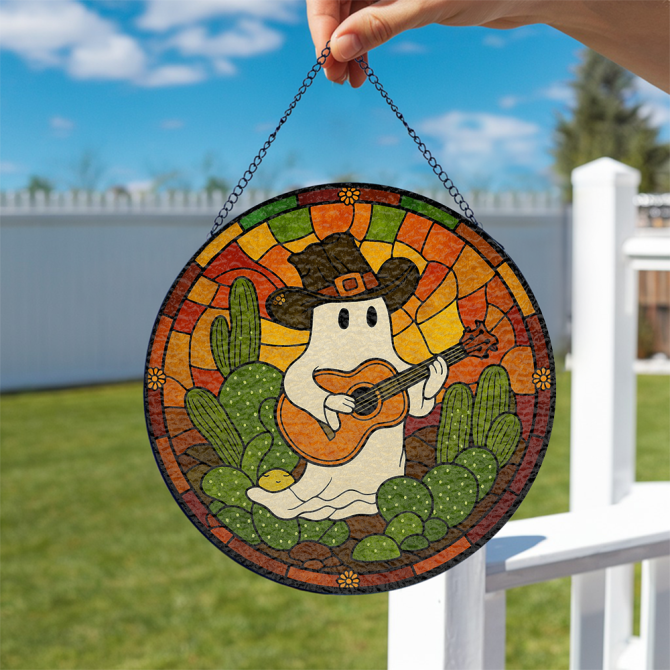 Charming Ghost Cowboy Stained Glass Suncatcher - Western Decor With Cactus & Guitar - Image 2