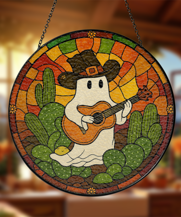 Charming Ghost Cowboy Stained Glass Suncatcher - Western Decor With Cactus & Guitar