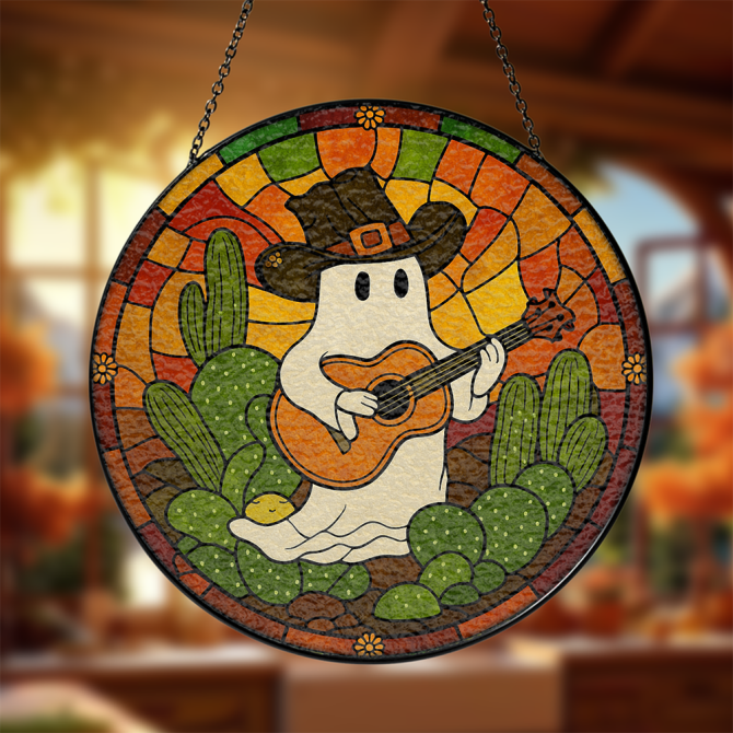 Charming Ghost Cowboy Stained Glass Suncatcher - Western Decor With Cactus & Guitar
