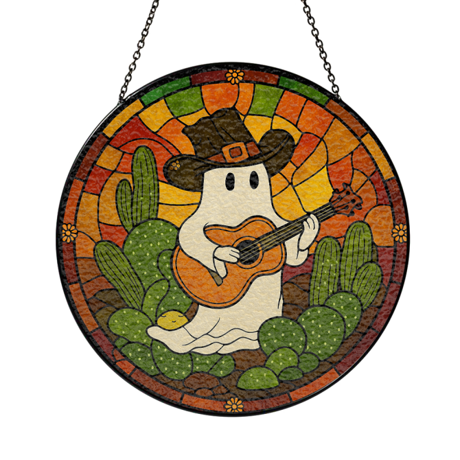 Charming Ghost Cowboy Stained Glass Suncatcher - Western Decor With Cactus & Guitar - Image 3
