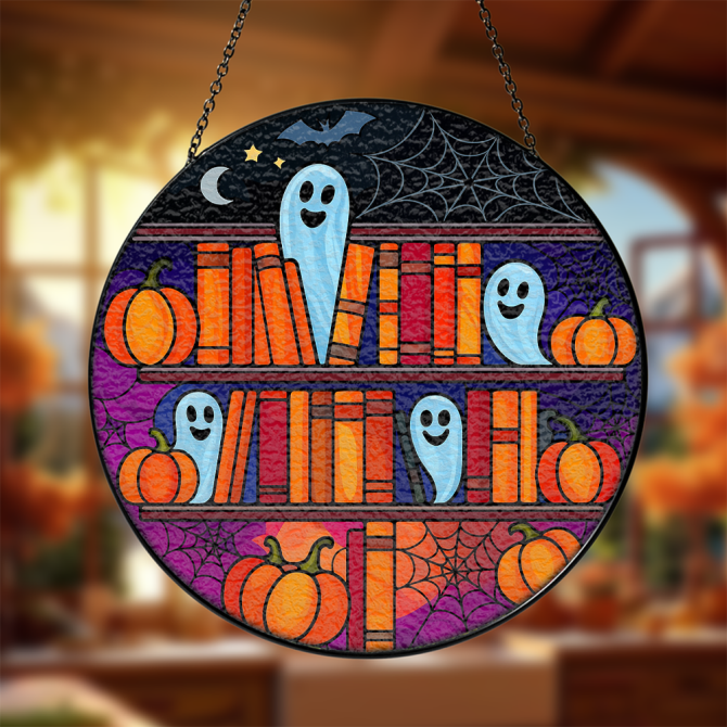Spooky Halloween Stained Glass Sun Catcher - Ghosts & Pumpkins Décor For Fall Festivities