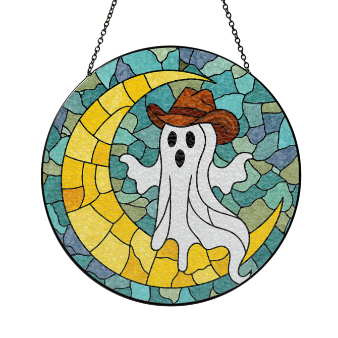 Spooky Cowboy Ghost Stained Glass Suncatcher - Halloween Moon Decor For Home & Garden - Image 3