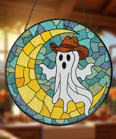 Spooky Cowboy Ghost Stained Glass Suncatcher - Halloween Moon Decor For Home & Garden