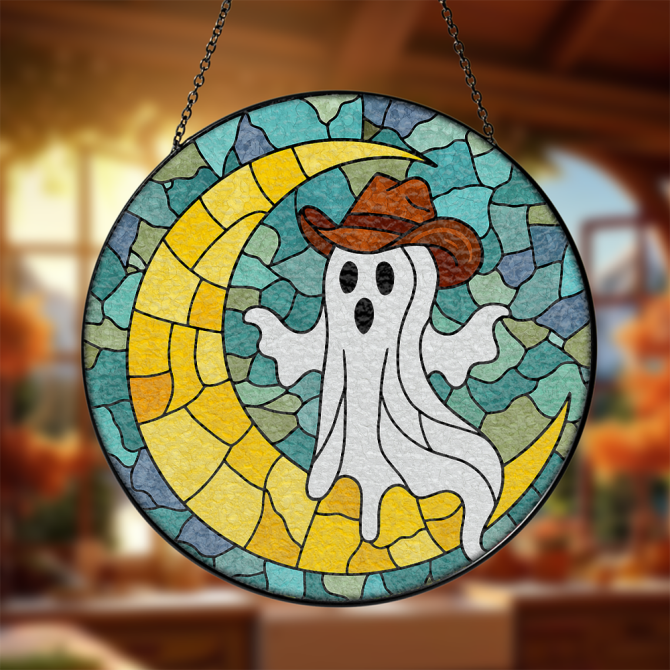 Spooky Cowboy Ghost Stained Glass Suncatcher - Halloween Moon Decor For Home & Garden