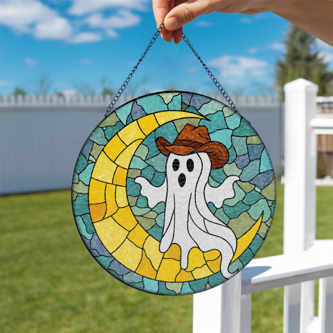 Spooky Cowboy Ghost Stained Glass Suncatcher - Halloween Moon Decor For Home & Garden - Image 2