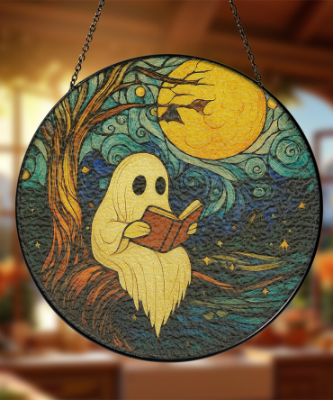Whimsical Ghost Reading Under Moon Metal Art - Enchanting Wall Decor For Book Lovers