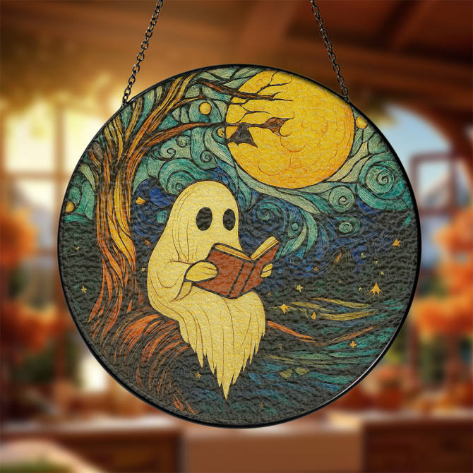 Whimsical Ghost Reading Under Moon Metal Art - Enchanting Wall Decor For Book Lovers