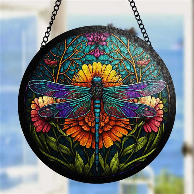 Vibrant Stained Glass Dragonfly Suncatcher – Handcrafted Window Art Decor