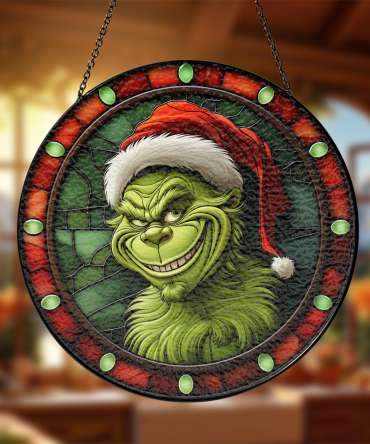 Festive Grinch Stained Glass Suncatcher – Christmas Window Decor Gift