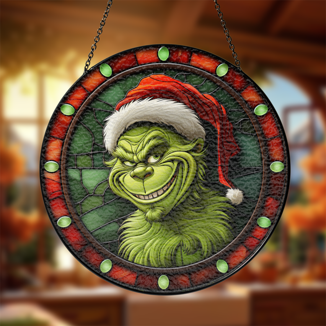Festive Grinch Stained Glass Suncatcher – Christmas Window Decor Gift