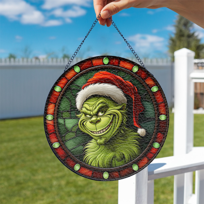 Festive Grinch Stained Glass Suncatcher – Christmas Window Decor Gift - Image 2