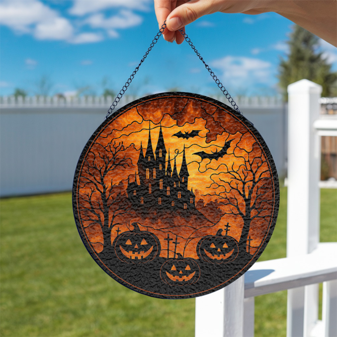 Spooky Halloween Wall Decor - Haunted Castle & Pumpkins Hanging Art - Perfect For Festive Home Accents - Image 2