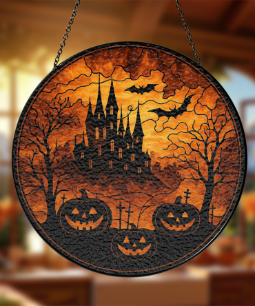 Spooky Halloween Wall Decor - Haunted Castle & Pumpkins Hanging Art - Perfect For Festive Home Accents