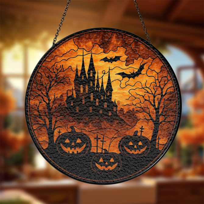 Spooky Halloween Wall Decor - Haunted Castle & Pumpkins Hanging Art - Perfect For Festive Home Accents