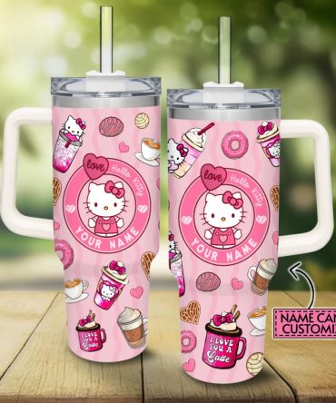 Custom Hello Kitty Tumbler With Handle – Personalized Name, Cute Coffee & Donut Design