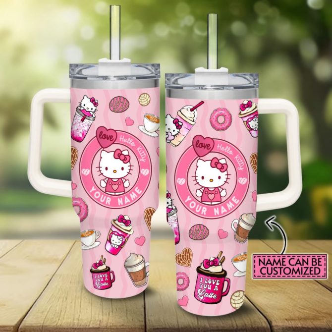 Custom Hello Kitty Tumbler With Handle – Personalized Name, Cute Coffee & Donut Design