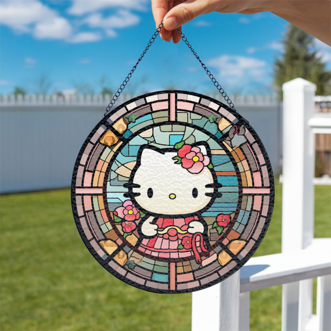 Charming Stained Glass Cat Suncatcher - Floral Window Decor For Kids & Fans - Image 2