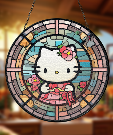 Charming Stained Glass Cat Suncatcher - Floral Window Decor For Kids & Fans