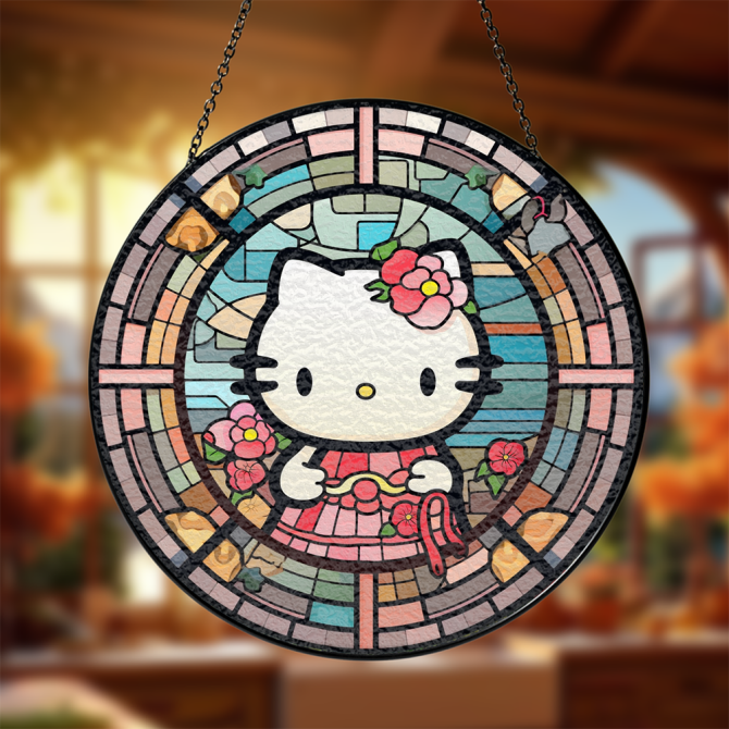 Charming Stained Glass Cat Suncatcher - Floral Window Decor For Kids & Fans