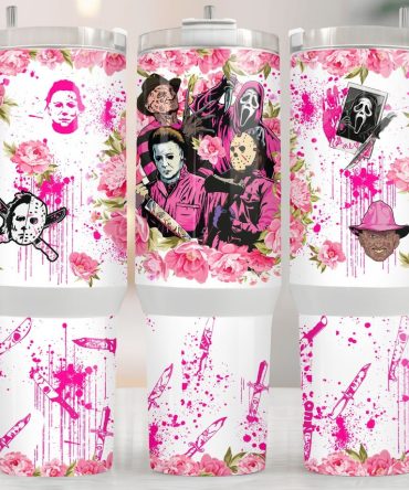 Floral Horror Tumbler - Unique 20Oz Travel Mug With Iconic Movie Villains & Pink Roses Design