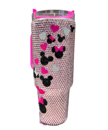 Sparkling Pink Rhinestone Tumbler With Cute Mouse & Heart Design - Insulated Travel Cup