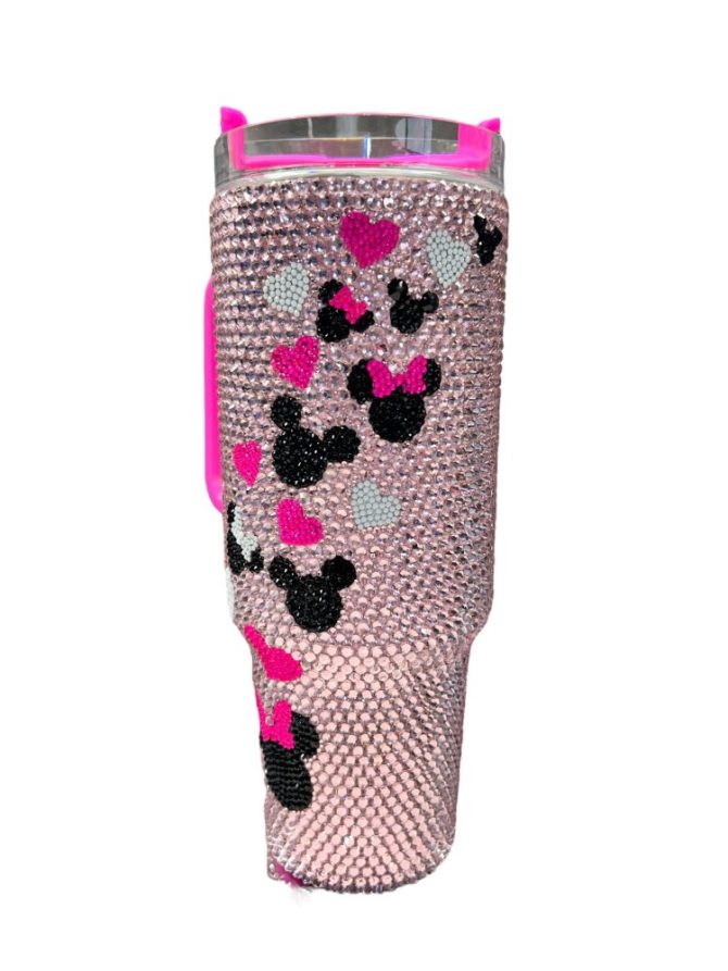 Sparkling Pink Rhinestone Tumbler With Cute Mouse & Heart Design - Insulated Travel Cup