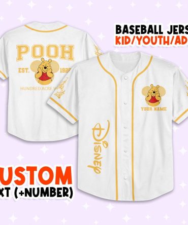 Custom Disney Baseball Jersey - Pooh Design For Kids/Youth/Adults - Add Name & Number