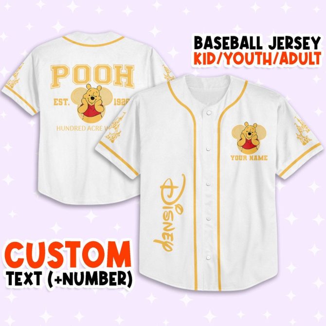 Custom Disney Baseball Jersey - Pooh Design For Kids/Youth/Adults - Add Name & Number