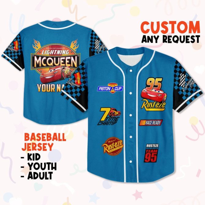 Custom Lightning Mcqueen Baseball Jersey - Kids, Youth, Adult Sizes - Personalized Name Option