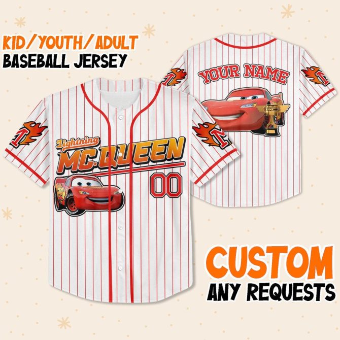 Custom Lightning Mcqueen Baseball Jersey - Personalized Kids/Youth/Adult Sizes