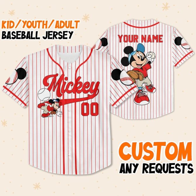 Custom Mickey Baseball Jersey - Personalized Name For Kids/Youth/Adults