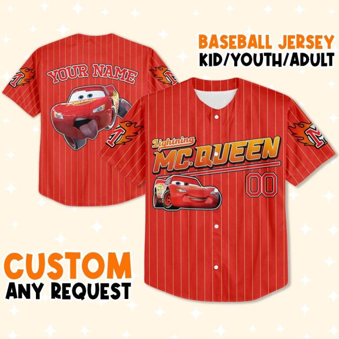 Custom Lightning Mcqueen Baseball Jersey - Kids/Youth/Adult - Add Your Name!