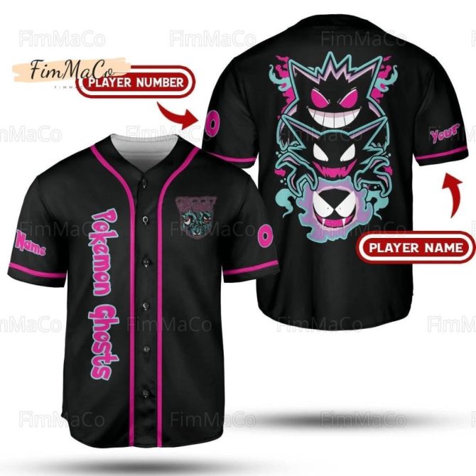 Custom Ghost Pokémon Baseball Jersey - Personalized Name & Number, Stylish Fan Apparel