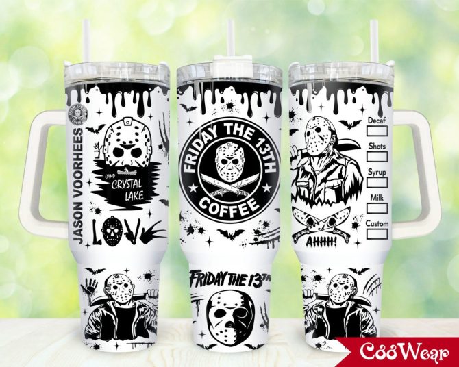 Friday The 13Th Horror Tumbler – Jason Voorhees Coffee Cup With Handle & Straw