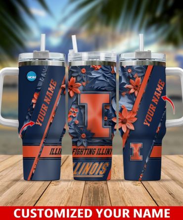 Customizable Illinois Fighting Illini Floral Travel Mug – Personalize With Your Name!