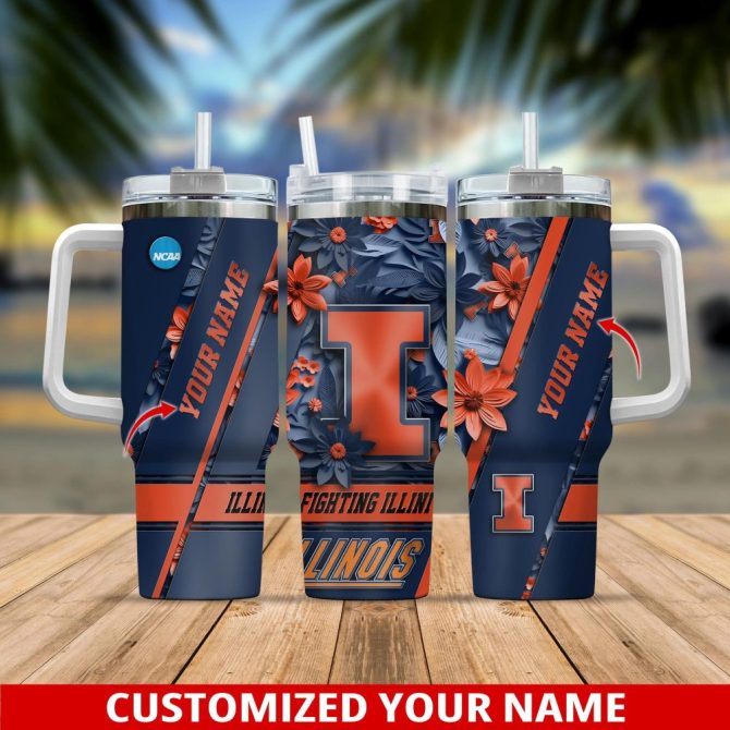 Customizable Illinois Fighting Illini Floral Travel Mug – Personalize With Your Name!