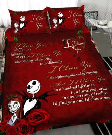 Romantic Gothic Bedding Set - 'I Choose You' Design With Roses & Unique Characters - Queen Size, Perfect For Couples