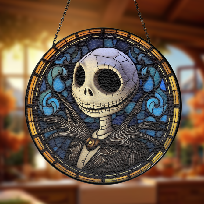 Jack Skellington Nightmare Before Christmas Stained Glass Window Hanging Panel Suncatcher Decor
