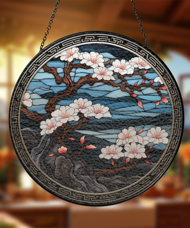 Elegant Cherry Blossom Stained Glass Suncatcher - Japanese Art Home Decor