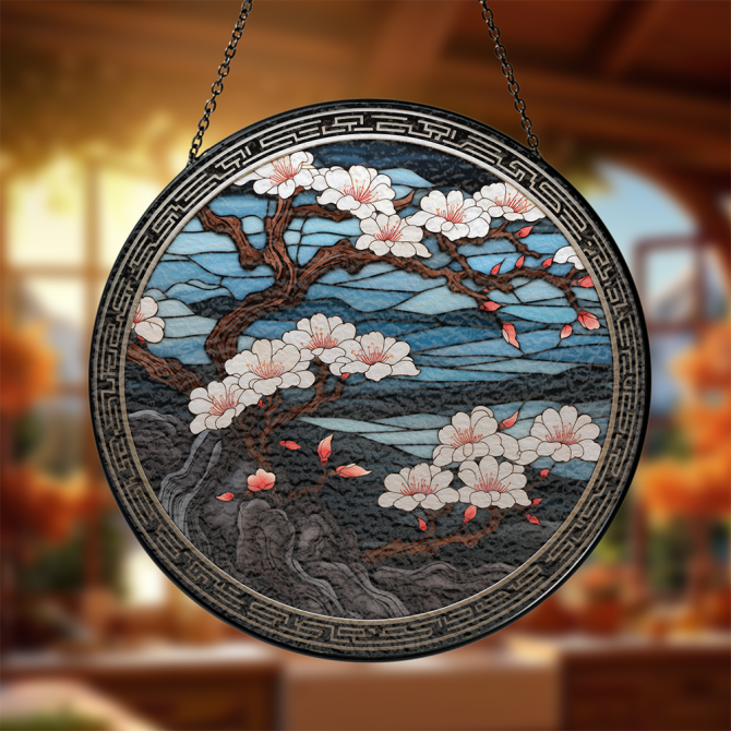 Elegant Cherry Blossom Stained Glass Suncatcher - Japanese Art Home Decor