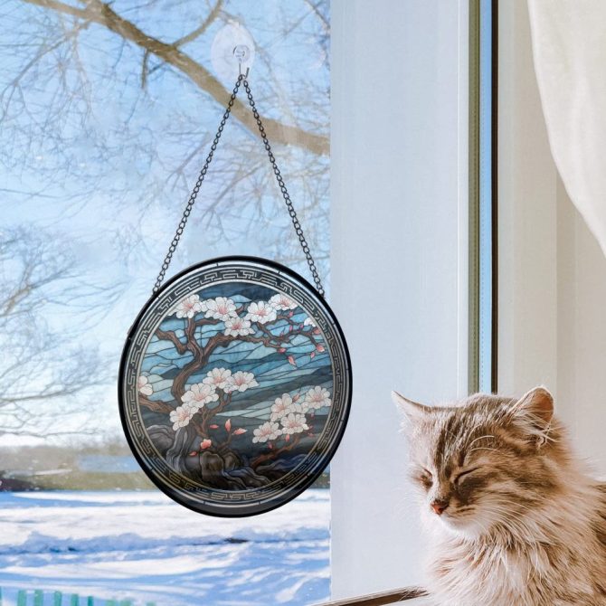 Elegant Stained Glass Cherry Blossom Panel - Round Hanging Art Decor For Home & Garden - Image 2