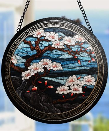Elegant Stained Glass Cherry Blossom Panel - Round Hanging Art Decor For Home & Garden