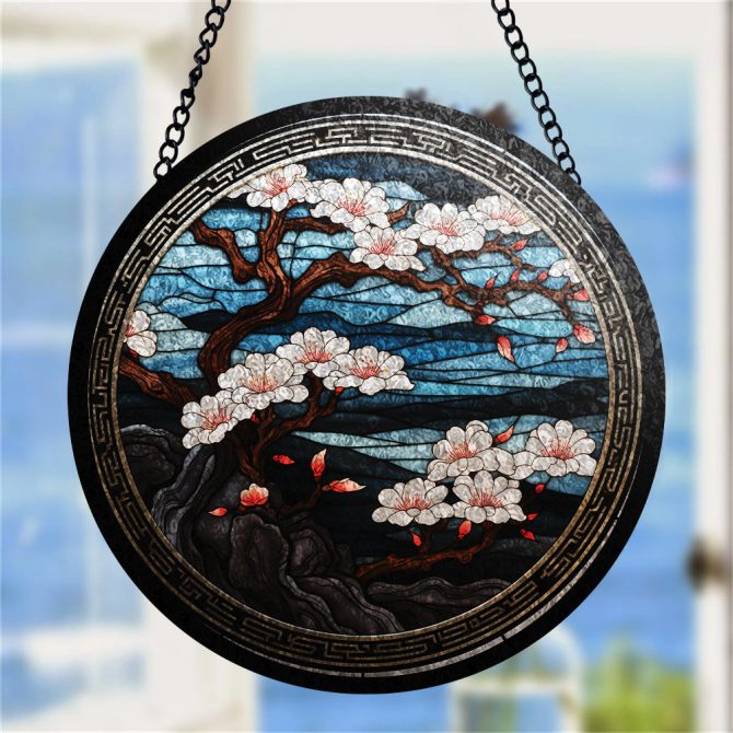 Elegant Stained Glass Cherry Blossom Panel - Round Hanging Art Decor For Home & Garden