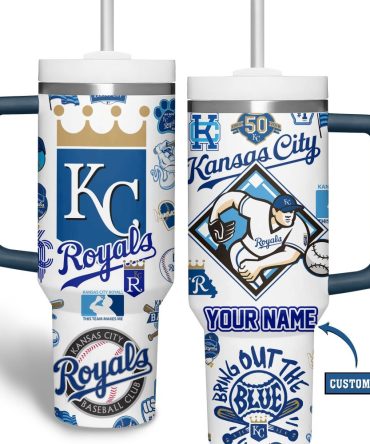 Custom Kc Royals Tumbler With Handle & Straw - Personalized Baseball Fan Gift