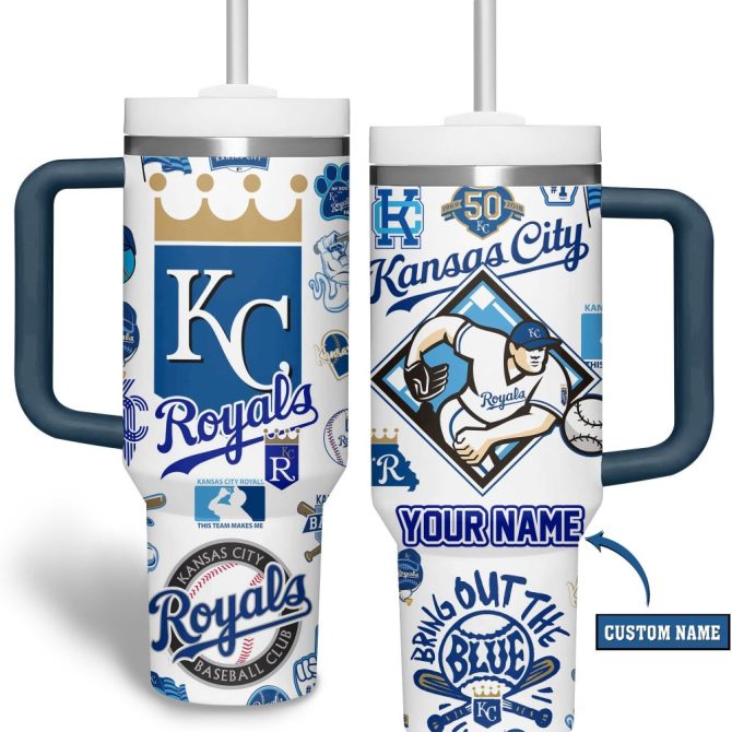 Custom Kc Royals Tumbler With Handle & Straw - Personalized Baseball Fan Gift