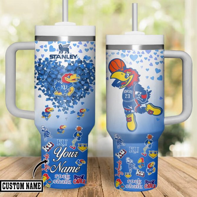 Custom Kansas Jayhawks Tumbler - Personalized Heart Design With Handle & Straw - 40Oz - Image 2