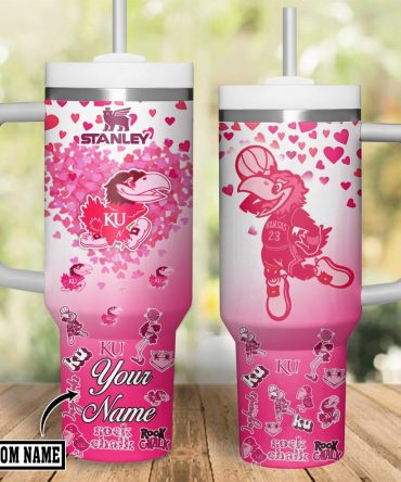 Custom Kansas Jayhawks Tumbler - Personalized Heart Design With Handle & Straw - 40Oz
