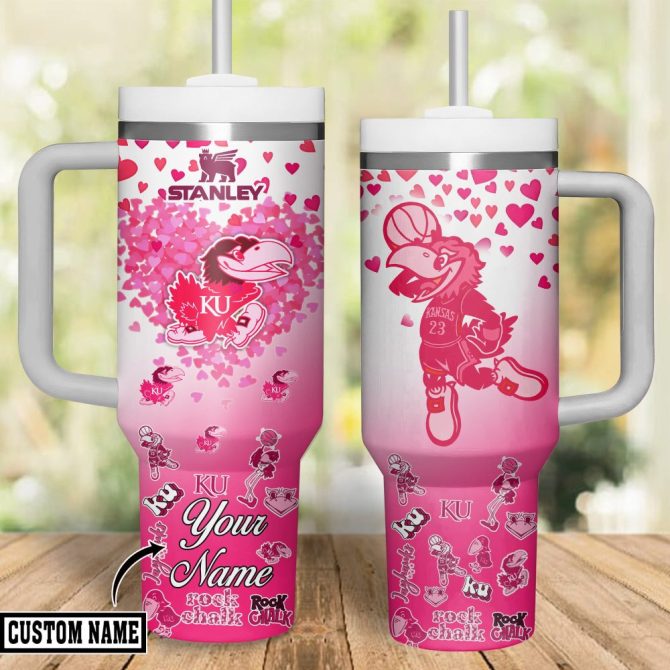 Custom Kansas Jayhawks Tumbler - Personalized Heart Design With Handle & Straw - 40Oz
