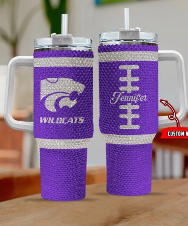 Custom Purple Glitter Wildcats Tumbler With Handle & Straw - Personalized Name Gift